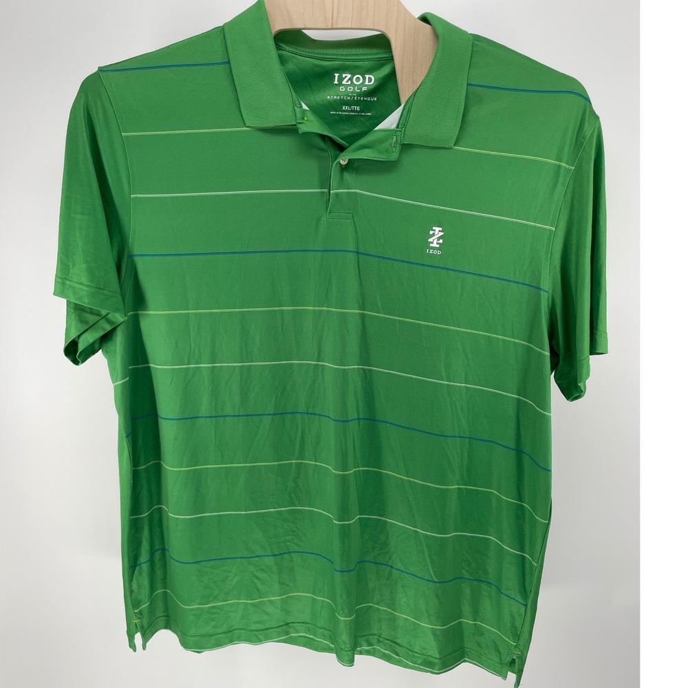 IZOD Golf Polo Shirt Mens XXL Green Excellent Striped Stretch Short Sleeve